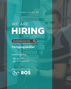 Fertigungsprüfer (m/w/d) in der Qualitätskontrolle bei Kunststofftechnik ROS in Schweinfurt. Mitarbeitender an einer Produktionsanlage prüft Kunststoffbauteile und dokumentiert Messergebnisse. Stellenangebot Vollzeit im 3-Schicht-System für Qualitätsprüfer, QS-Mitarbeiter, Mitarbeiter Qualitätssicherung, Messtechniker und Fachkräfte in der Kunststofftechnik, Kunststoffverarbeitung und Spritzgussfertigung. Kurzversion für Social Media / Website: Stellenanzeige Fertigungsprüfer (m/w/d) Vollzeit in Schweinfurt bei Kunststofftechnik ROS. Karriere in der Qualitätskontrolle, Qualitätssicherung, Messtechnik und Kunststofffertigung mit 3-Schicht-System und sofortigem Einstieg. SEO-Variante mit maximaler Keyword-Dichte: Fertigungsprüfer, Qualitätsprüfer und Mitarbeiter Qualitätssicherung (m/w/d) gesucht. Job in Schweinfurt bei Kunststofftechnik ROS für Fachkräfte in Qualitätskontrolle, Messtechnik, Kunststofftechnik, Kunststoffverarbeitung und Spritzguss. Vollzeit-Stelle mit Serienprüfung, Prüfmittelüberwachung, Qualitätsmanagement, Fehleranalyse und Dokumentation von Messergebnissen im 3-Schicht-System.