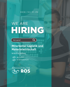 Stellenangebot bei Kunststofftechnik ROS in Schweinfurt: Wir suchen ab sofort einen Mitarbeiter Logistik und Materialwirtschaft (m/w/d) in Vollzeit. Job im Bereich Versand, Logistik, Materialwirtschaft, Lagerlogistik, Warenwirtschaft, Lager, Versandabwicklung, Materialfluss, Produktionslogistik, Kunststofftechnik, Kunststoffindustrie, Kunststoffverarbeitung, Produktion und Fertigung. Offene Stelle und Karrierechance bei Kunststofftechnik ROS in Schweinfurt, Unterfranken. Vollzeitjob, Industriejob, Logistikjob, Versandmitarbeiter, Mitarbeiter Versand, Mitarbeiter Lager und Logistik, Fachkraft Logistik, Mitarbeiter Materialwirtschaft, Jobs Schweinfurt, Stellenangebote Schweinfurt, Jobs Unterfranken, Karriere Schweinfurt, Arbeiten bei ROS, Kunststofftechnik ROS, ROS Kunststofftechnik, We Are Hiring.